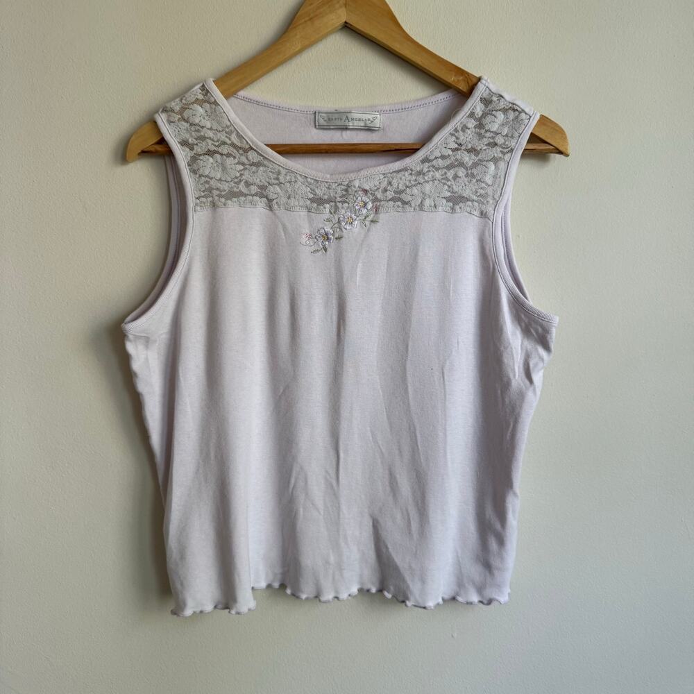 Y2K Vintage Earth Angels Lace Embroidered Tank Top Ruffle Hem Size M